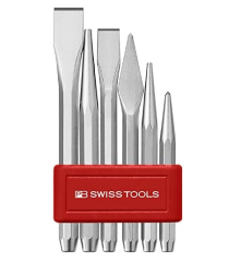 PB Swiss- Flat and cross-cut chisel, center punch, drift punches, set in practical plastic holder - PB 850 BL